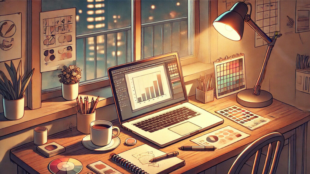 A desk featuring a laptop, a lamp, and a cup of coffee, creating a cozy workspace atmosphere.