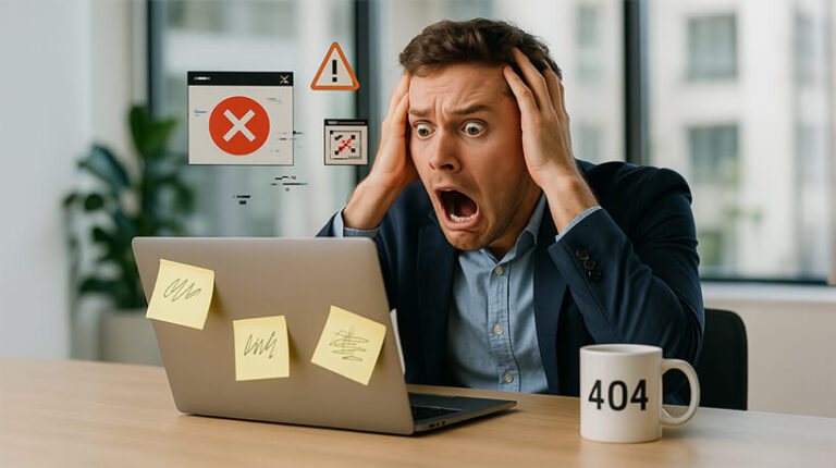 A suited man is seated at a desk, using a laptop with a coffee cup beside him