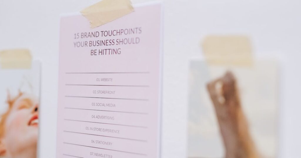 Close-up of a wall displaying a list of brand touchpoints for businesses.