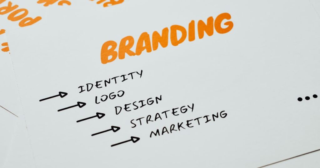 Close-up of a paper with branding, identity, design, strategy, and marketing concepts in orange and black.