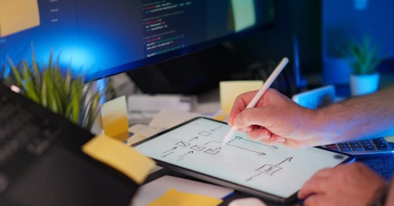 A vibrant workspace featuring digital sketching on a tablet and code on a monitor, showcasing a tech-savvy environment.